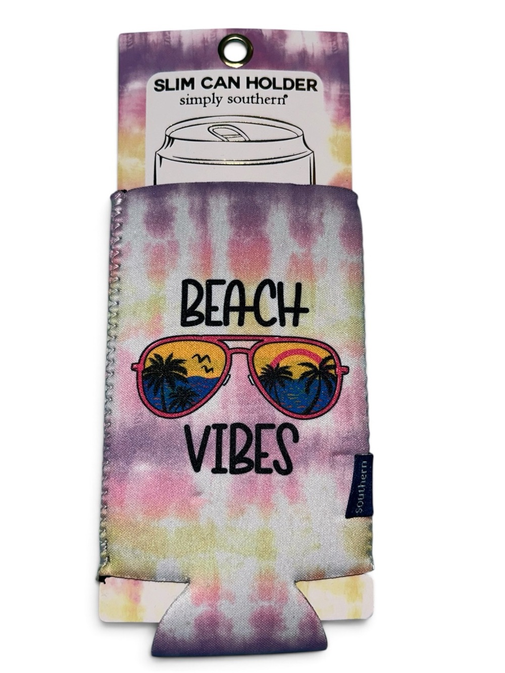 Simply Southern Pink Purple Yellow Tie-Dye 'Beach Vibes' Slim Can Holder